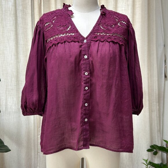 Boho Cottagecore Flowy Lace Blouse Romantic Puff Sleeve Ramie Plum Sundance, XS - Picture 1 of 15